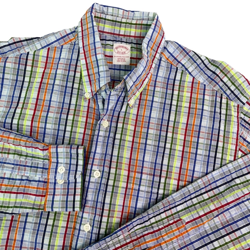 Brooks Brothers Mens Large Regular Fit Seersucker Rainbow Plaid Button Shirt